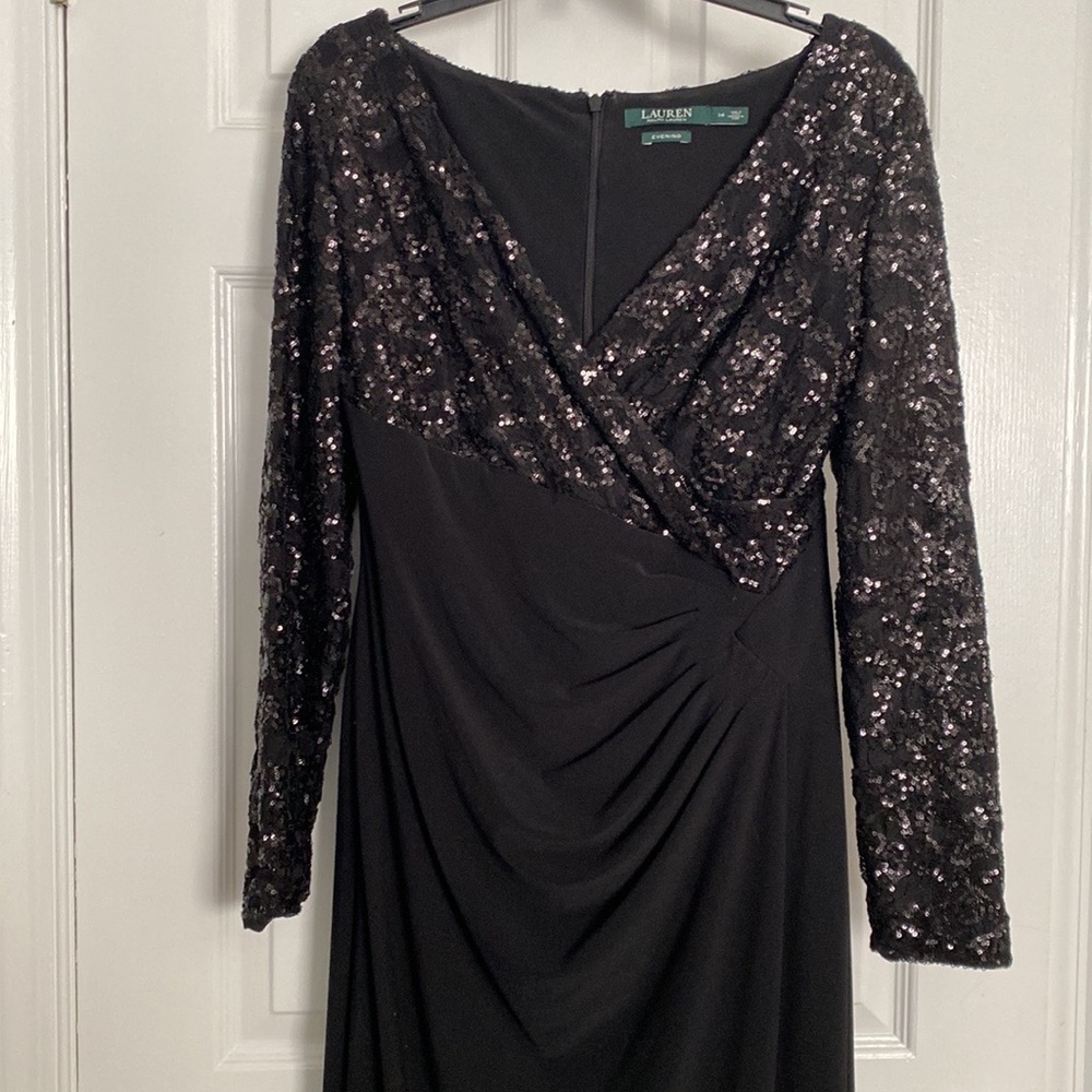 Ralph Lauren Black Sequin Long Sleeve Evening Dress
